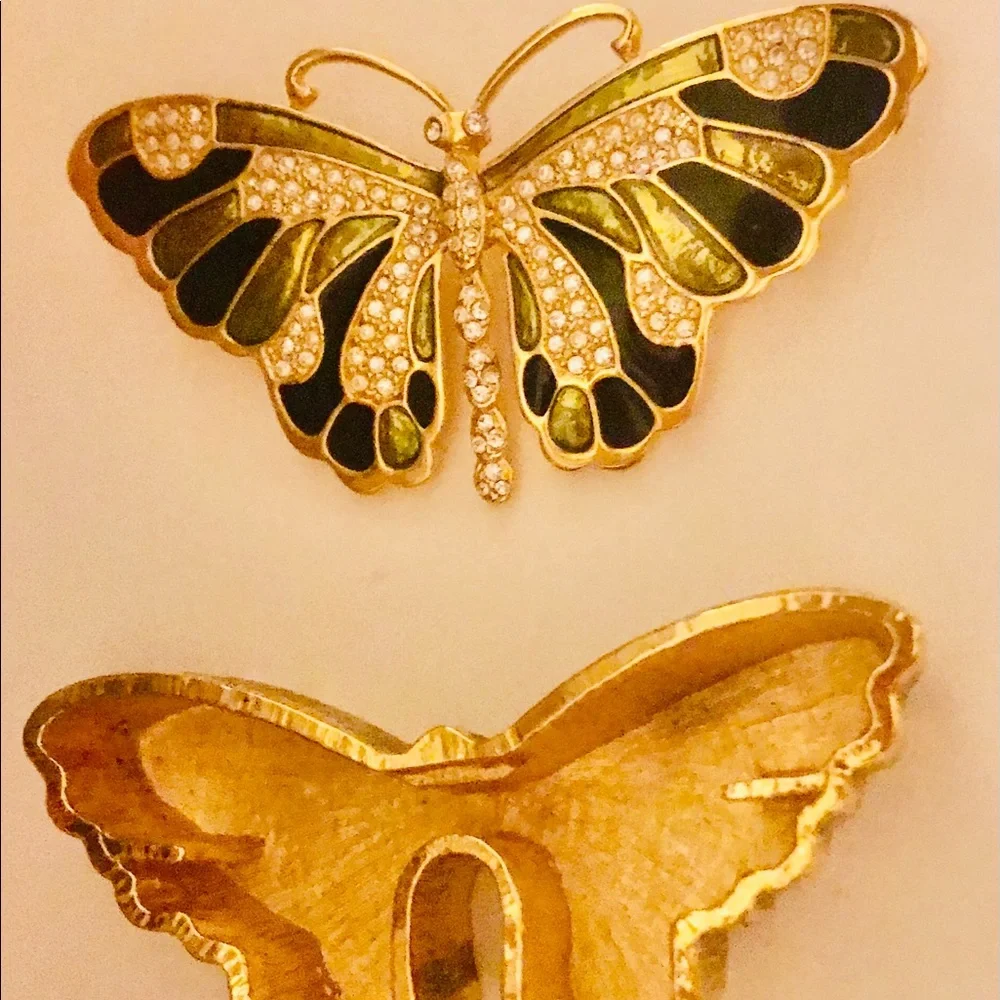 Kenneth Jay Lane Butterfly Pin and Box  Green Enamel Rhinestones made Thailand